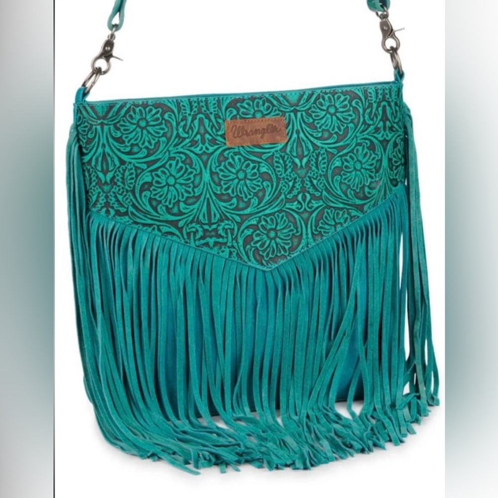 Wrangler Turquoise Floral Fringe Crossbody Bag